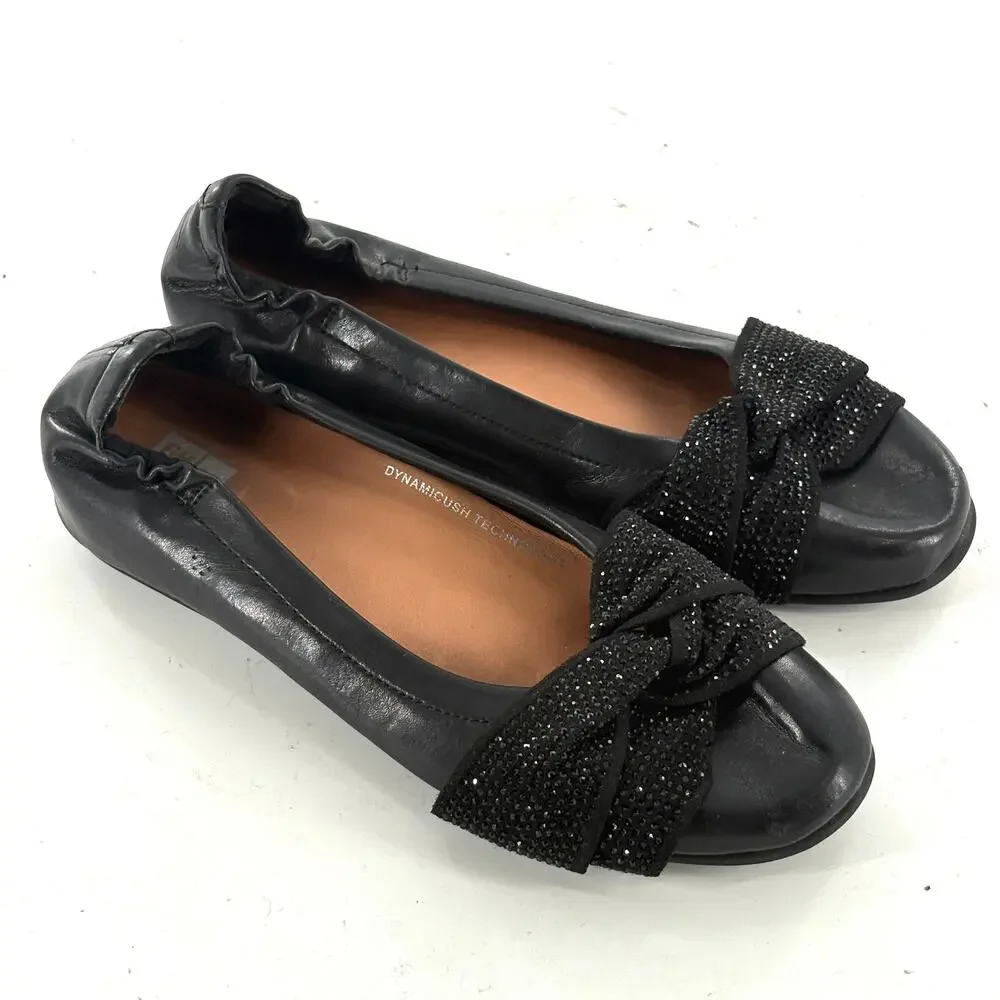 FitFlop Twiss Crystal Ballet Flat 6 Black Leather Fit Flop Comfort Slip On